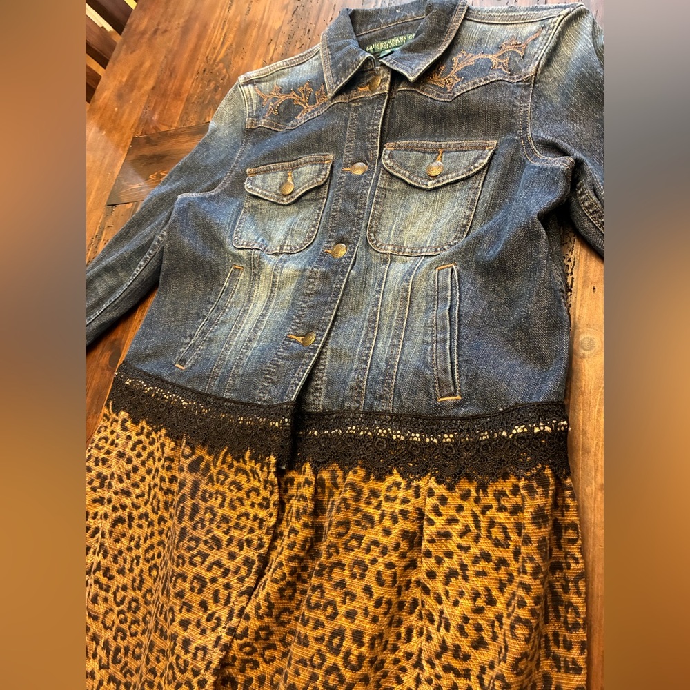 Ralph Lauren Upcycled Jacket Petite Large Denim Leopard Rare Coat - Picture 2 of 5